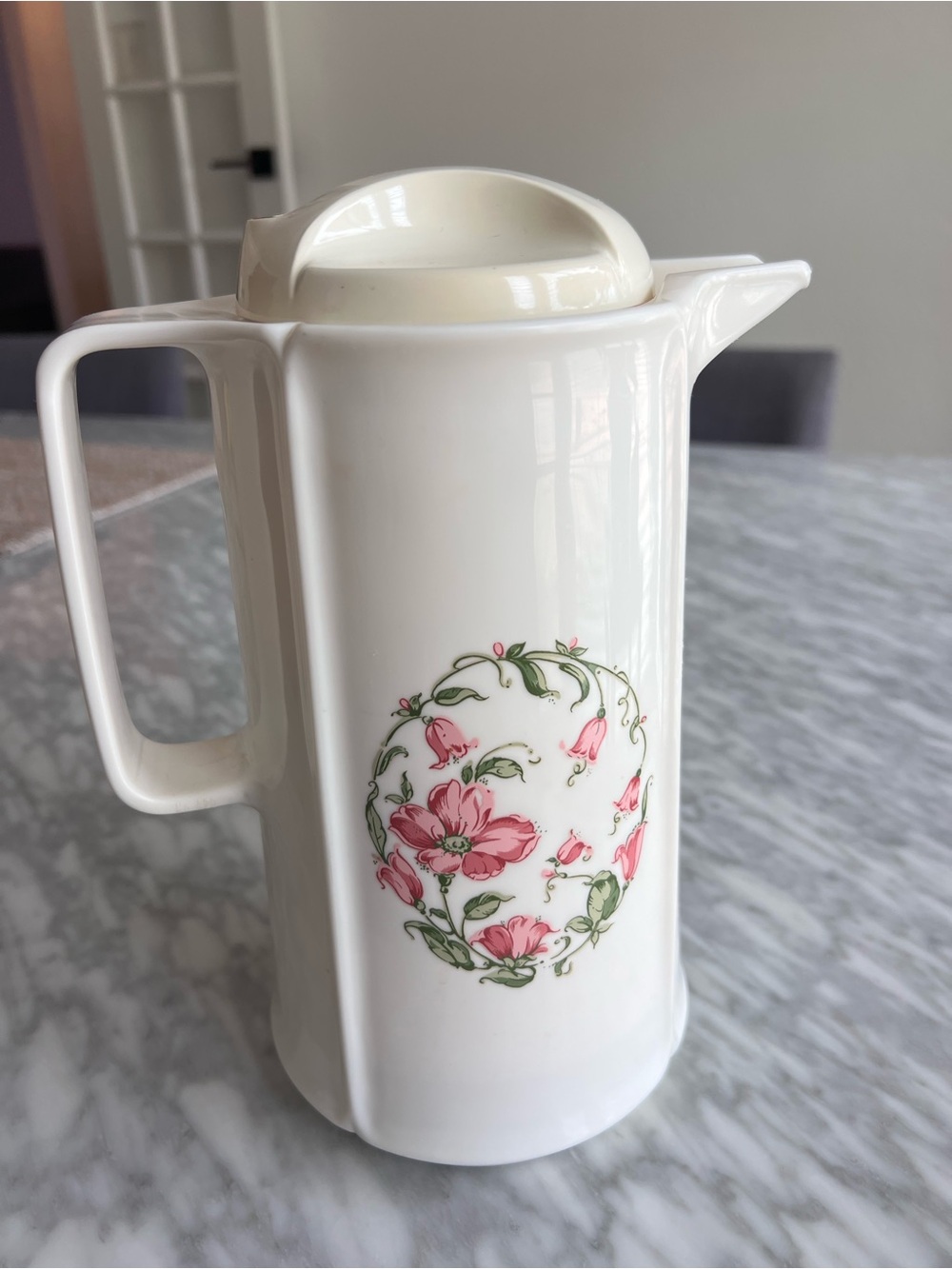 Vintage White Plastic and Glass Floral Carafe